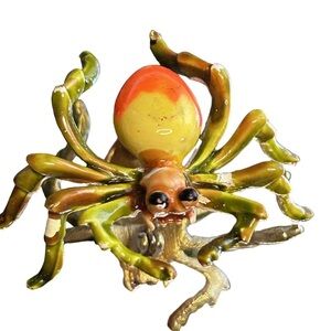 Vintage Enamel Spider Brooch 2 inch Yellow Gold Orange Green
